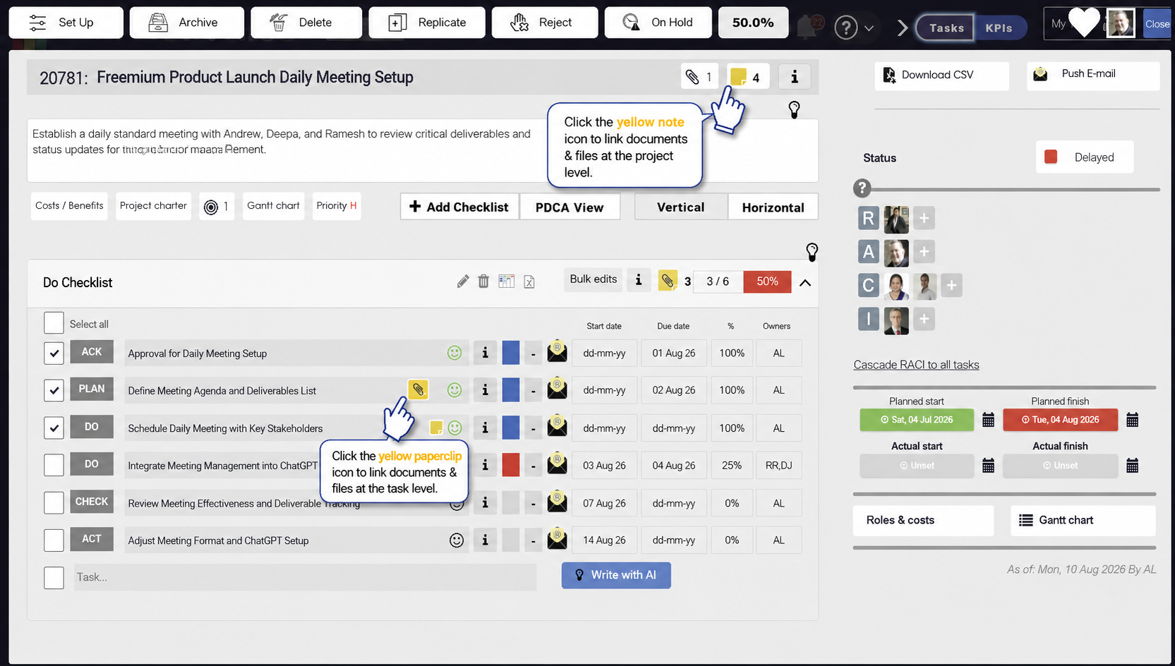 Presto project task checklist with PDCA classifications, owners, dates, progress and RACI accountability